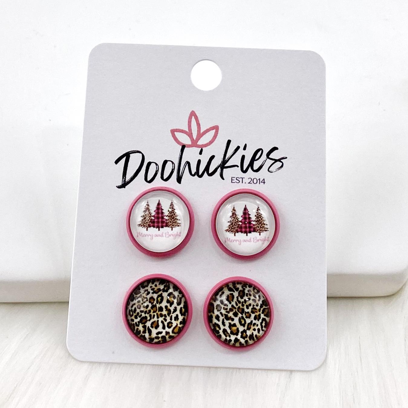 12mm Merry & Bright Trees & Tan Leopard in Pink Settings -Christmas Studs by Doohickies Wholesale