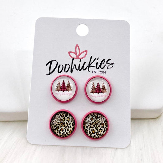 12mm Merry & Bright Trees & Tan Leopard in Pink Settings -Christmas Studs by Doohickies Wholesale