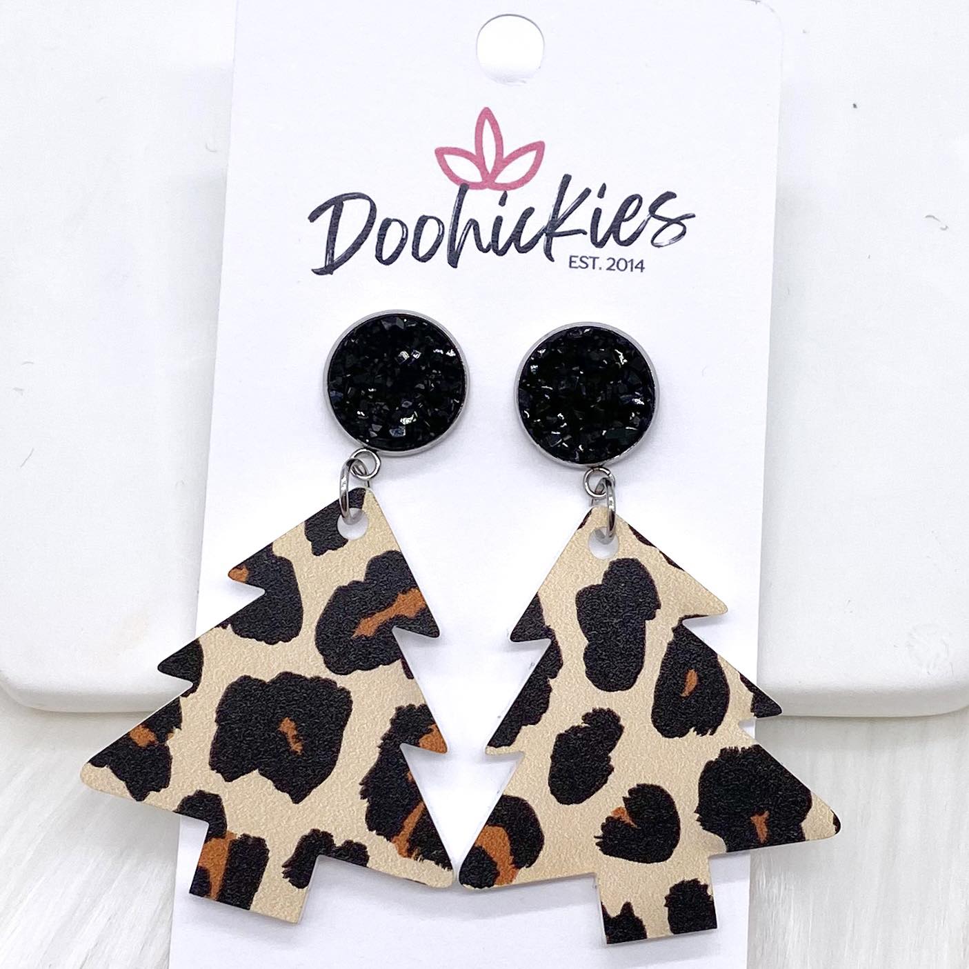 2" Black & New Leopard Acrylic Tree Dangles -Christmas Earrings by Doohickies Wholesale