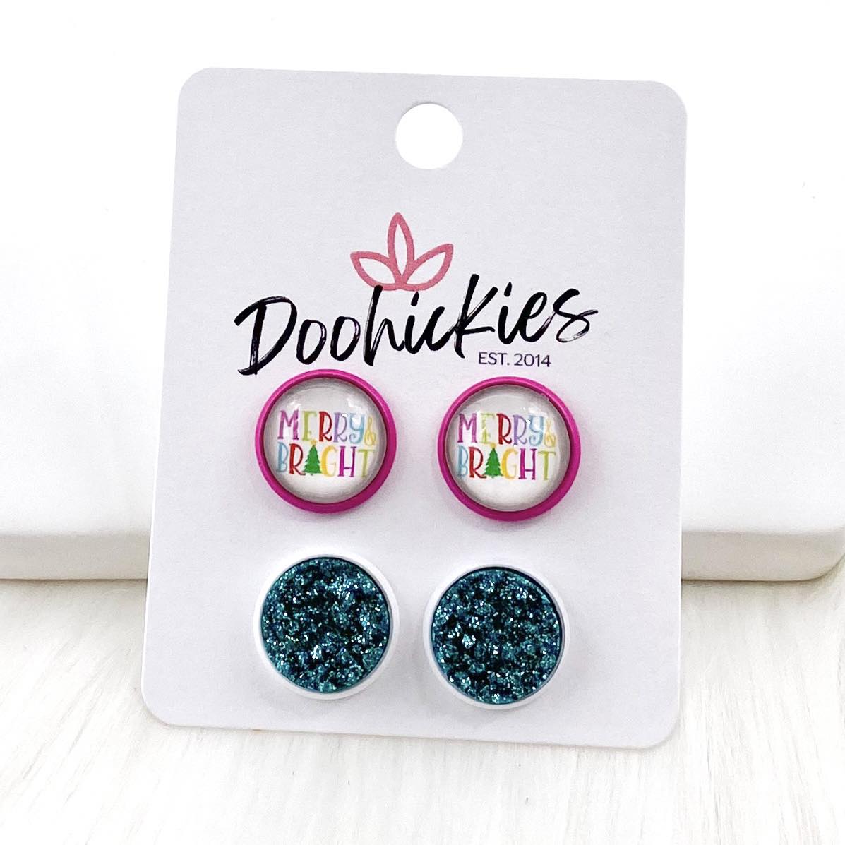 12mm Merry & Bright & Teal Glitter in Magenta/White Settings -Christmas Earrings by Doohickies Wholesale