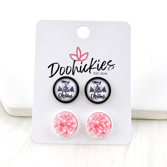 12mm Pink Plaid Merry Christmas & AB Pink in Black/White Settings -Christmas Studs by Doohickies Wholesale