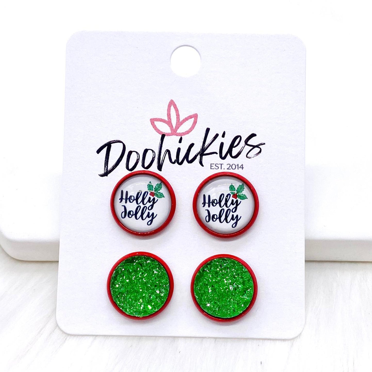 12mm Holly Jolly & Green Sparkles in Red Settings -Christmas Studs by Doohickies Wholesale