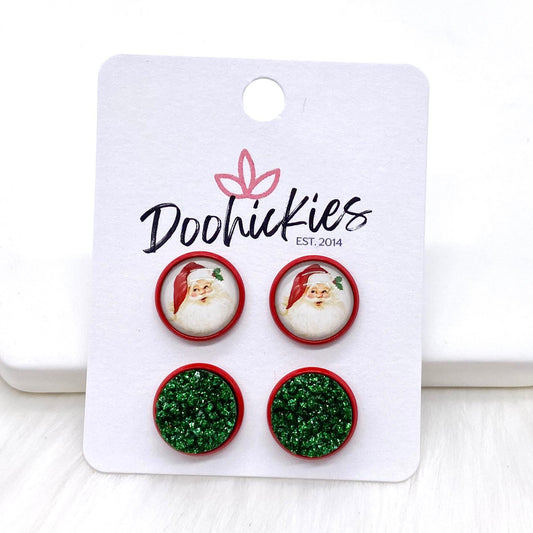 12mm Traditional Santa & Green Glitter in Red Settings -Christmas Studs by Doohickies Wholesale