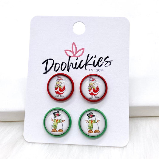 12mm Santa & Frosty in Red/Green Settings -Christmas Earrings by Doohickies Wholesale