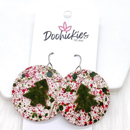 1.5" 3-D Trees on Paint Splatter -Christmas Earrings by Doohickies Wholesale