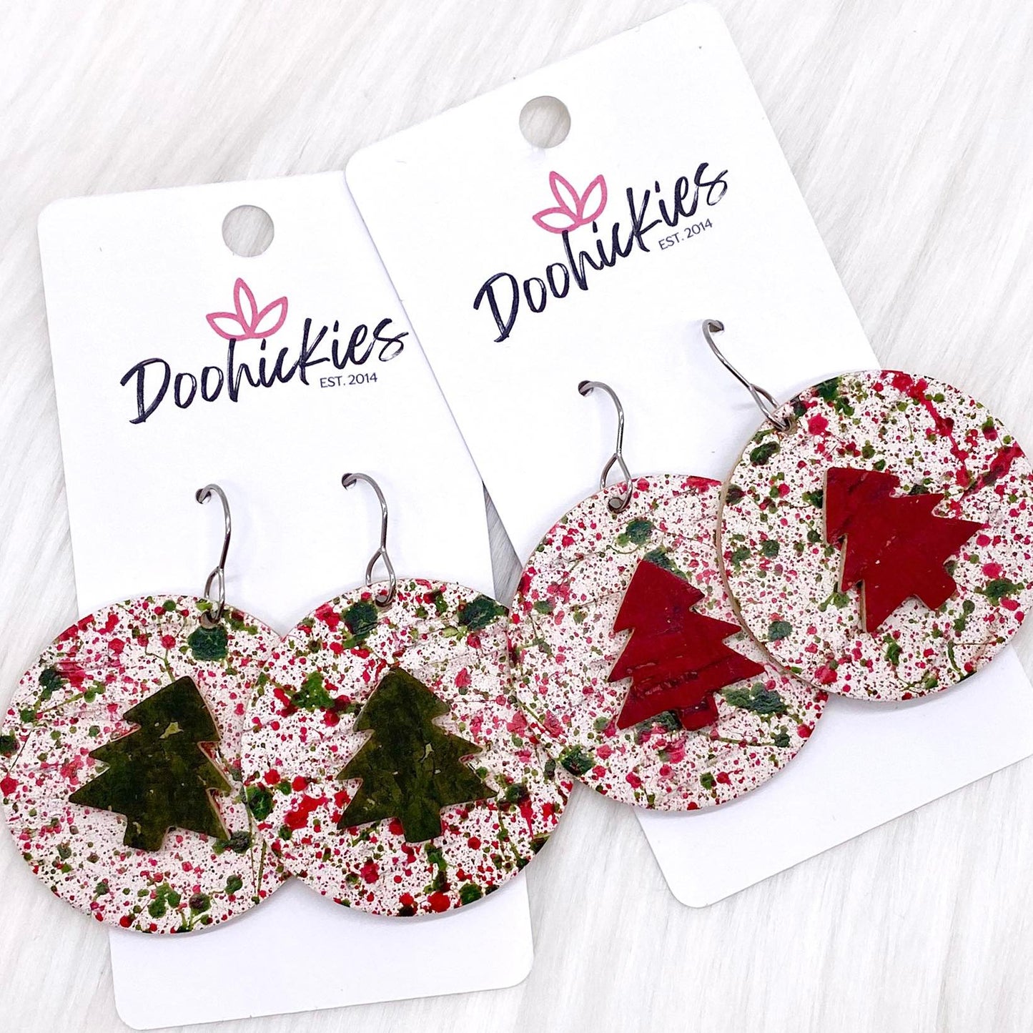 1.5" 3-D Trees on Paint Splatter -Christmas Earrings by Doohickies Wholesale