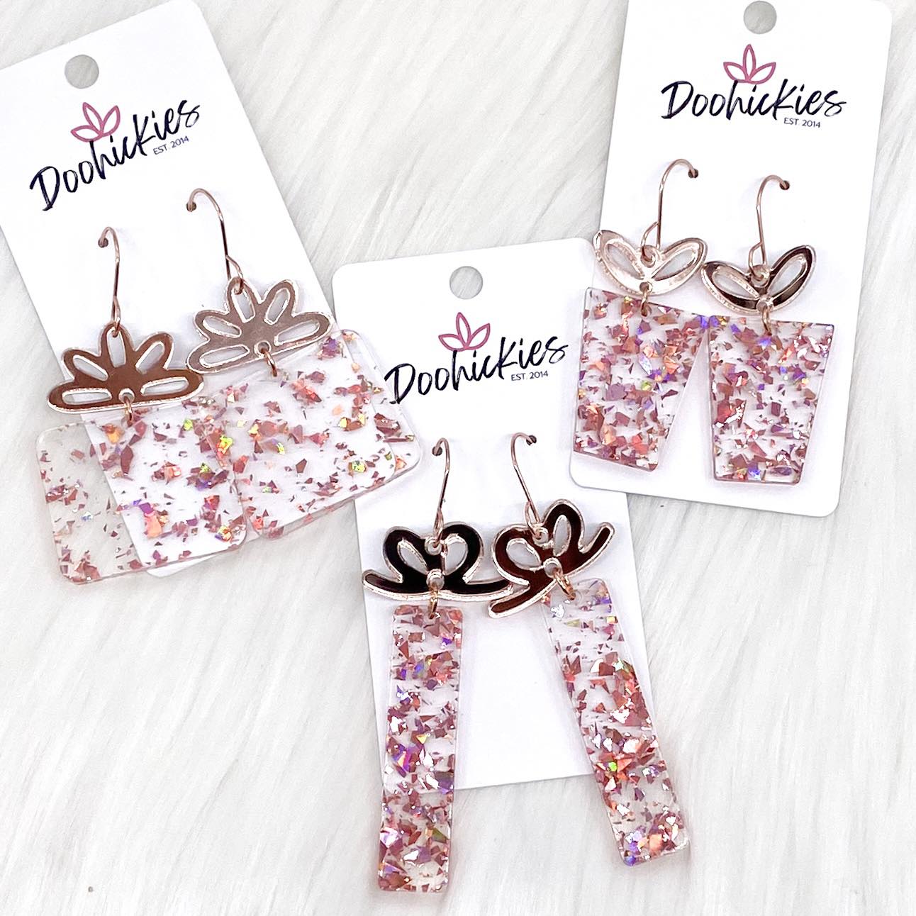 Rose Gold Confetti Presents -Christmas Earrings by Doohickies Wholesale