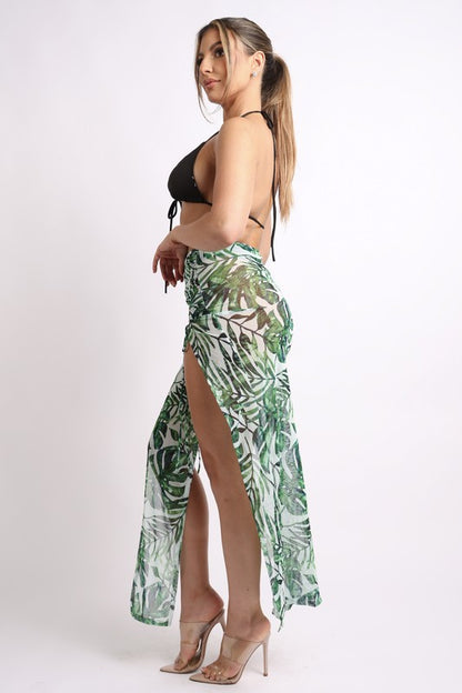 Printed mesh skirt set with double slit