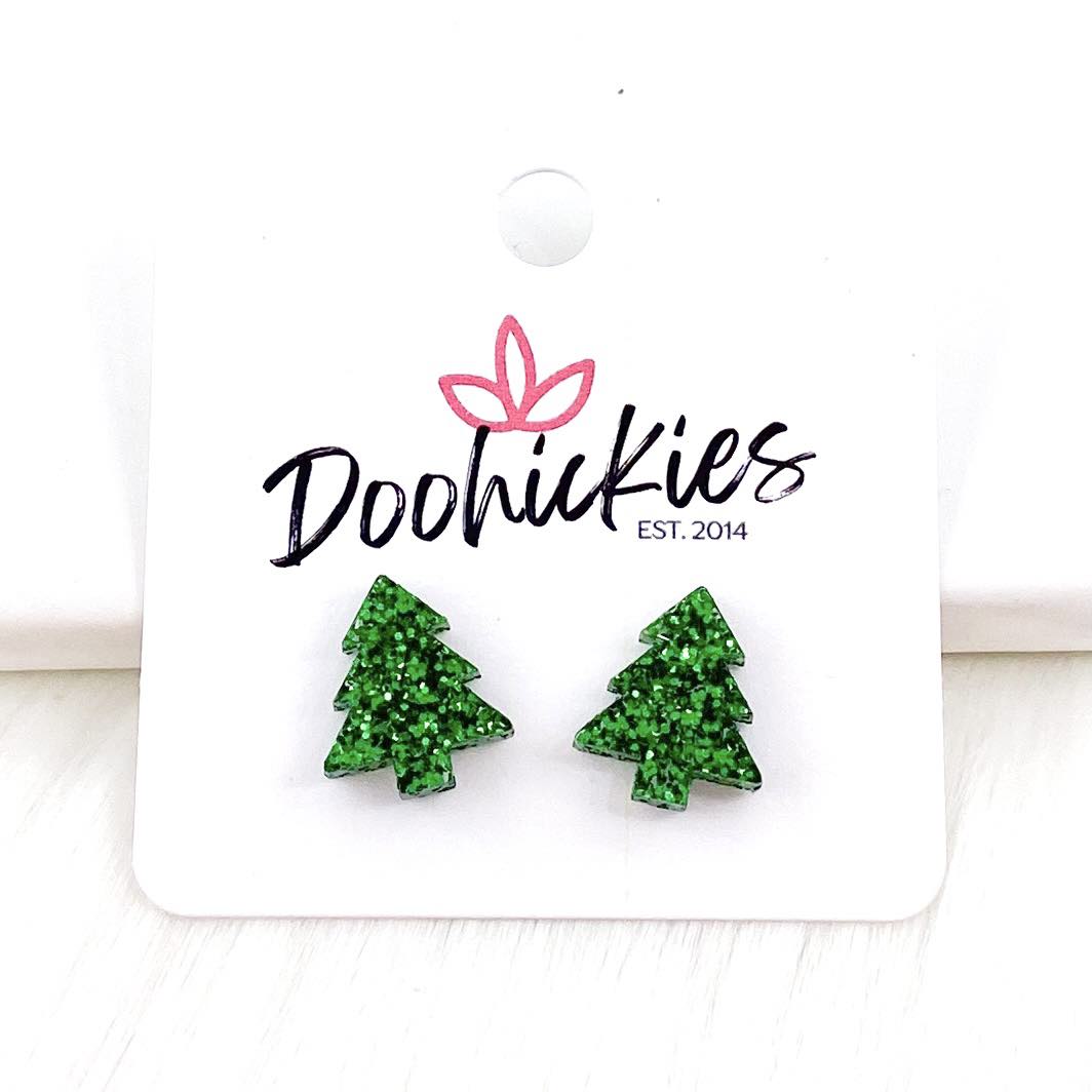 15mm Evergreen Glitter Christmas Tree Studs -Earrings by Doohickies Wholesale