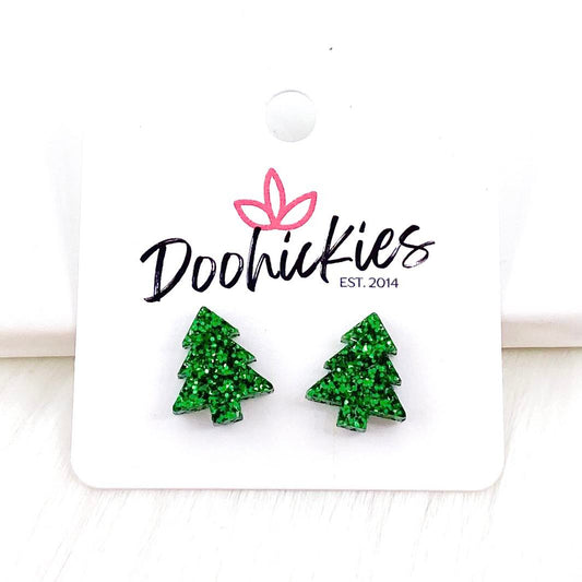 15mm Evergreen Glitter Christmas Tree Studs -Earrings by Doohickies Wholesale