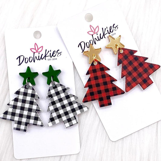 2" Plaid Tree Acrylic Dangles -Christmas Earrings by Doohickies Wholesale