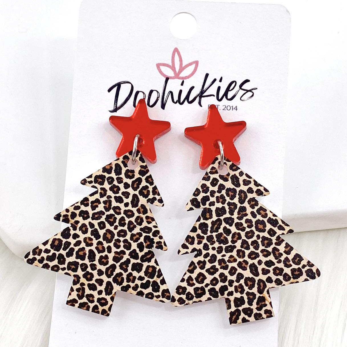 2" Red Star & Leopard Acrylic Tree Dangles -Christmas Earrings by Doohickies Wholesale