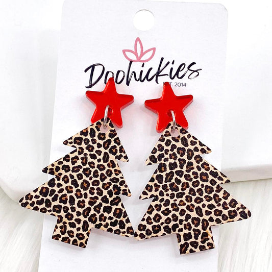 2" Red Star & Leopard Acrylic Tree Dangles -Christmas Earrings by Doohickies Wholesale