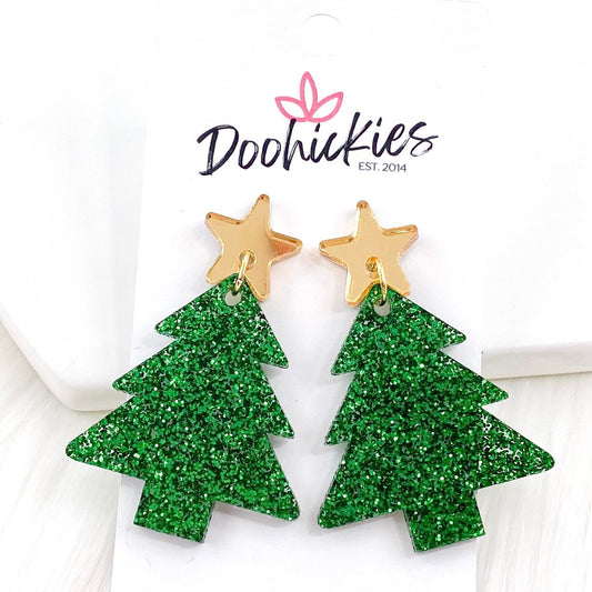 2" Gold Star & Evergreen Glitter Tree Dangles -Christmas Acrylics by Doohickies Wholesale