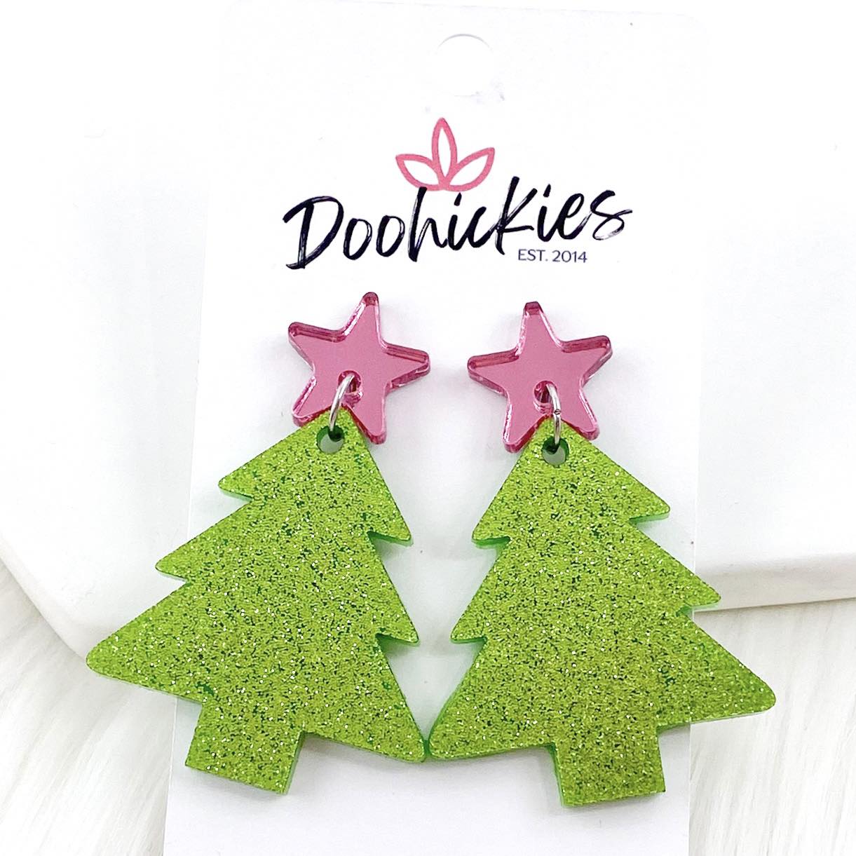 2" Pink Star & Glittery Green Tree Dangles -Christmas Acrylics by Doohickies Wholesale