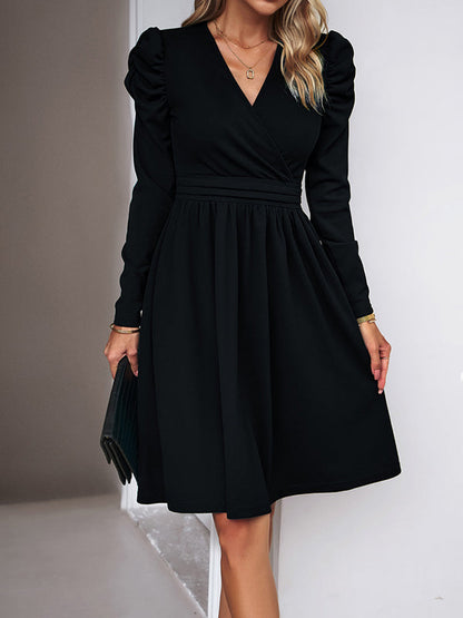 Puff Sleeves Skinny Pleated Solid Color Split-Joint V-Neck Midi Dresses by migunica