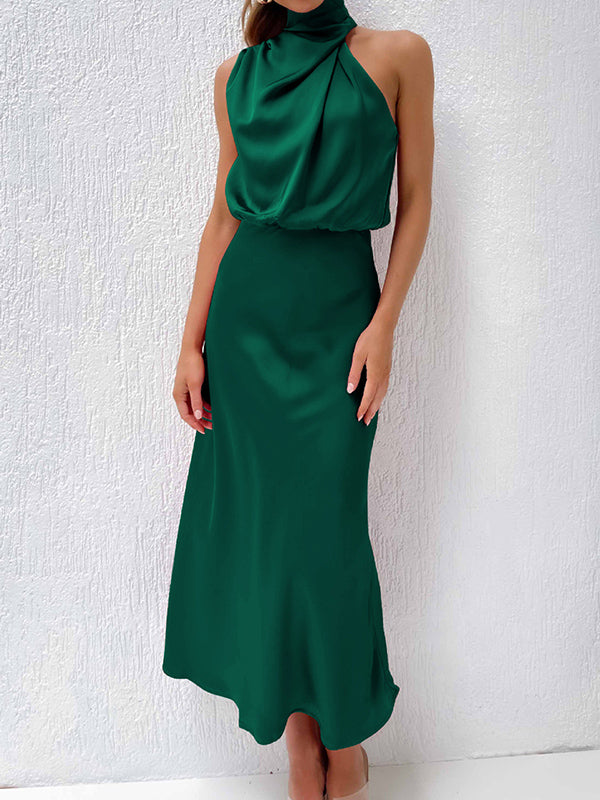 Sleeveless Solid Color Halter-Neck Midi Dresses by migunica