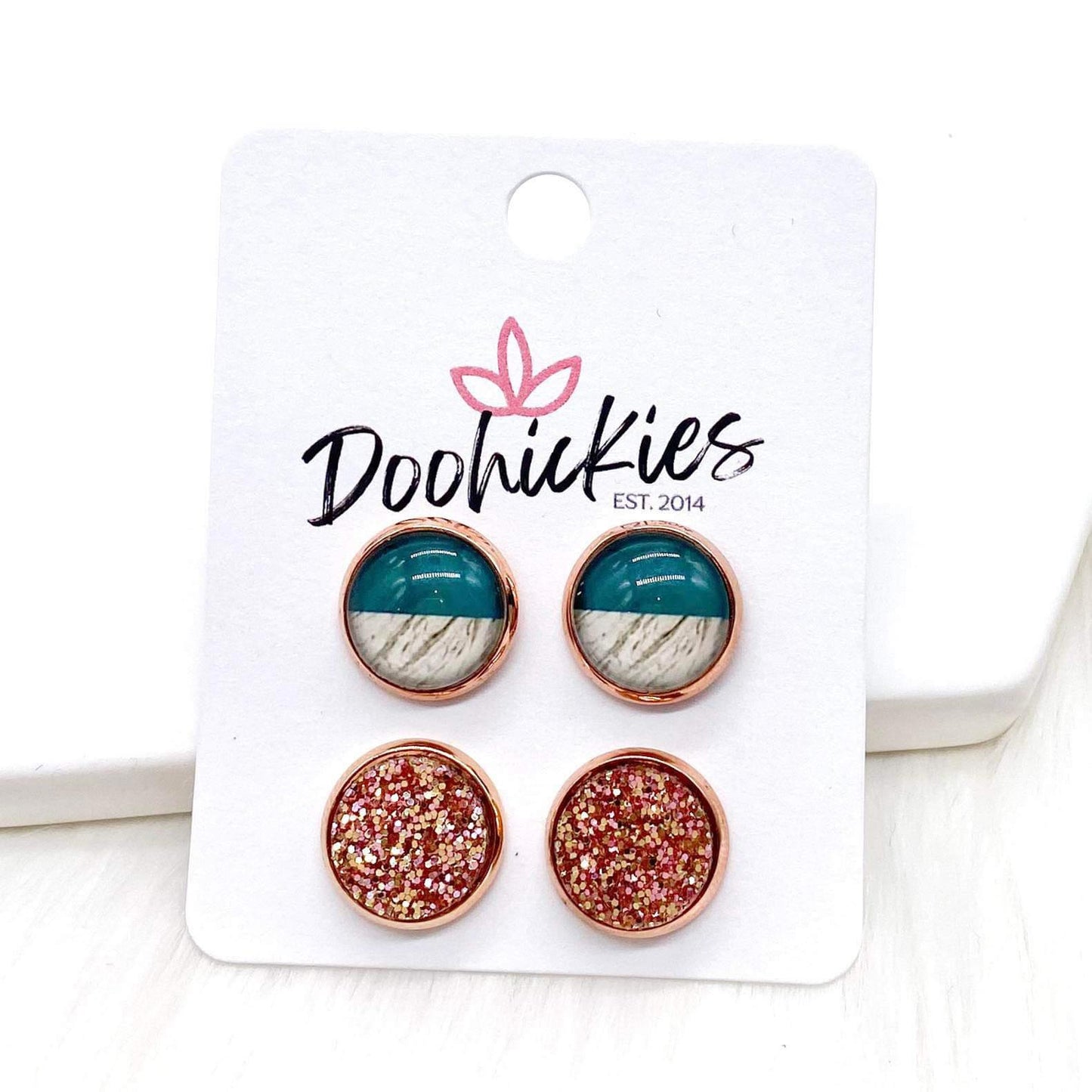 12mm Teal Color Block & Rose Glitter in Rose Gold by Doohickies Wholesale