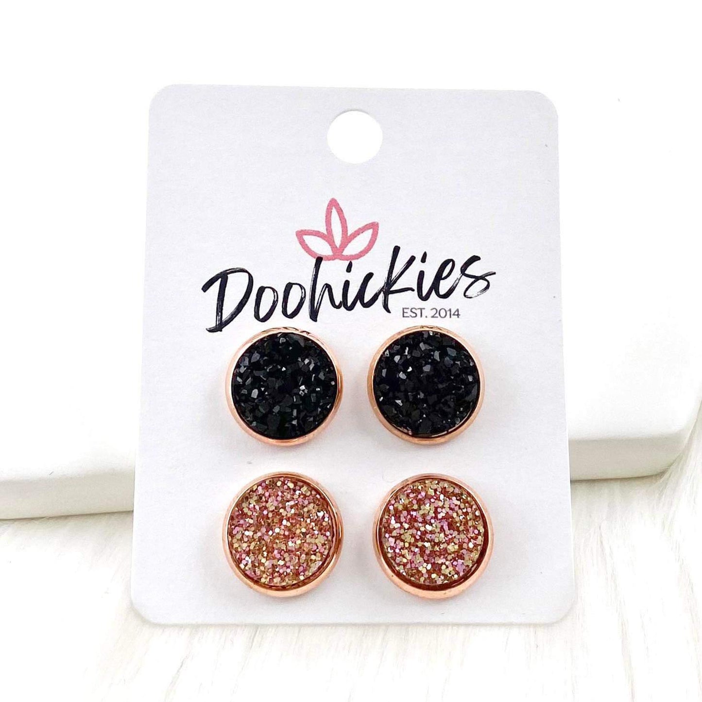 12mm Black & Rose Glitter in Rose Gold Settings by Doohickies Wholesale