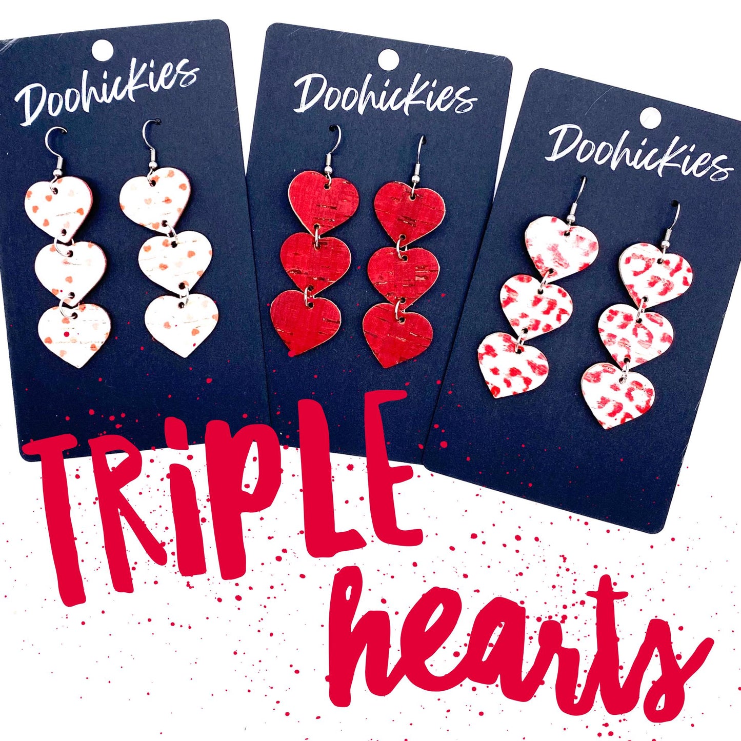 Triple Corkie Heart Drops -Valentine's Earrings by Doohickies Wholesale