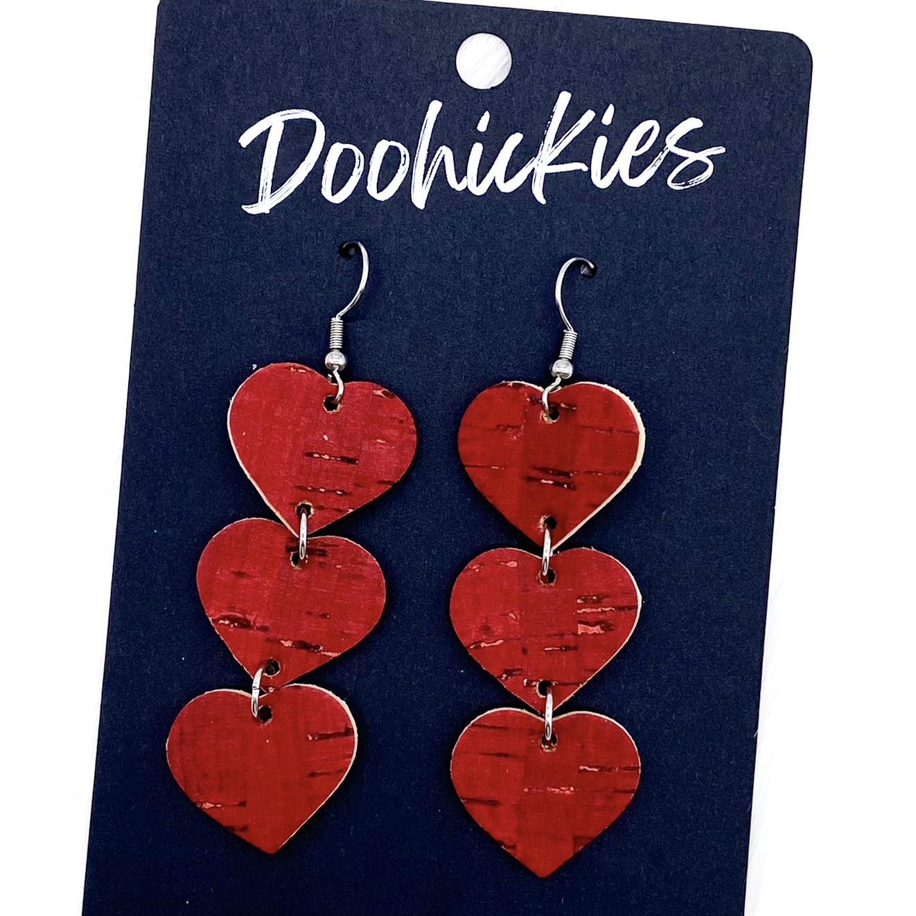 Triple Corkie Heart Drops -Valentine's Earrings by Doohickies Wholesale