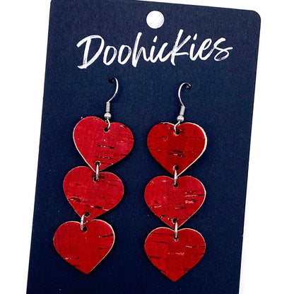 Triple Corkie Heart Drops -Valentine's Earrings by Doohickies Wholesale