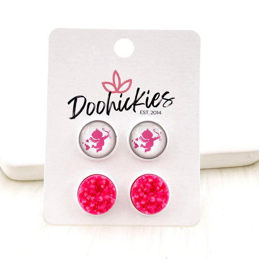 12mm Pink Valentine Cupid & Hot Pink Crystals in White Settings by Doohickies Wholesale