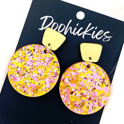 2" Gold Trapezoid & Pink/Gold Confetti Piggy Dangle -Valentine's Earrings by Doohickies Wholesale