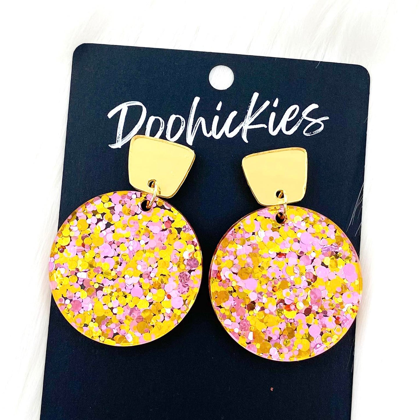 2" Gold Trapezoid & Pink/Gold Confetti Piggy Dangle -Valentine's Earrings by Doohickies Wholesale