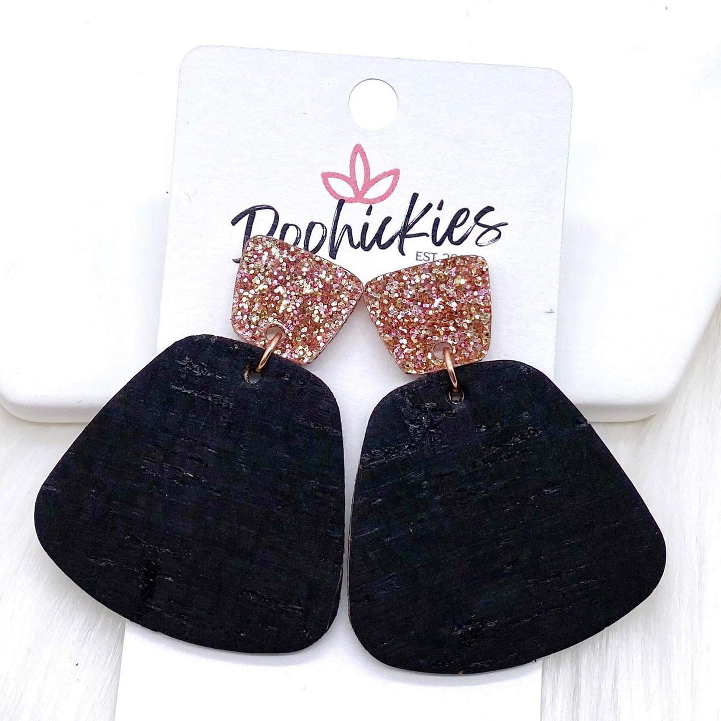 2" Rose Glitter & Black Jasmines -Cork Earrings by Doohickies Wholesale