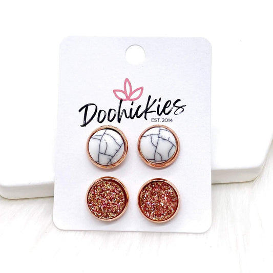 12mm White Marble & Rose Glitter in Rose Gold by Doohickies Wholesale