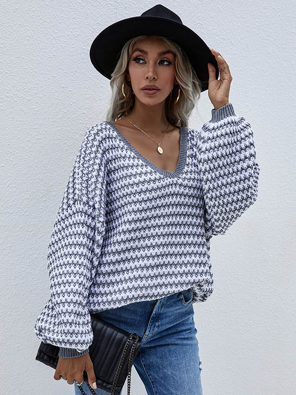 Original Loose Striped 8 Colors V-Neck Long Sleeves Sweater Top by migunica