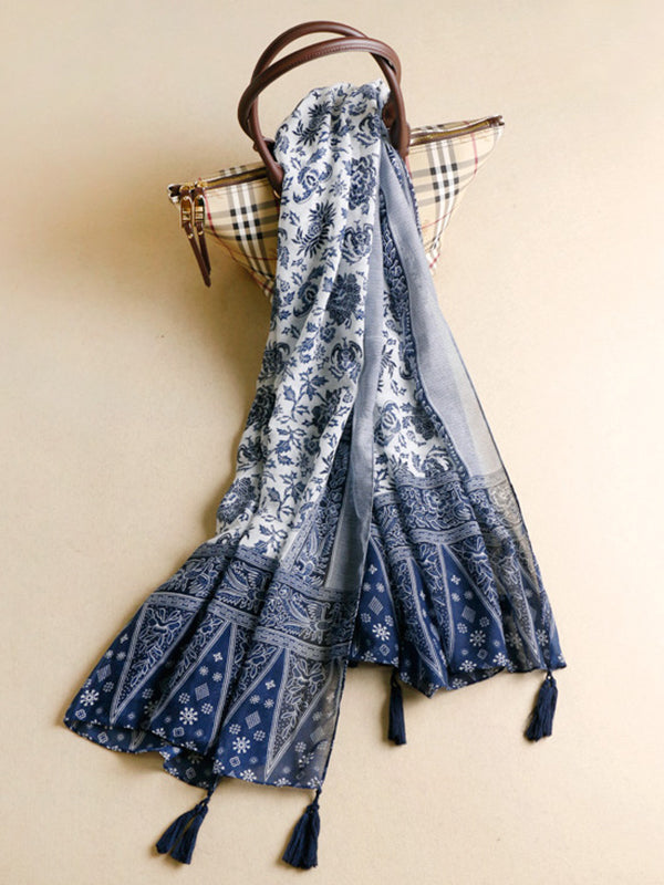 Printed Blue-And-White Sun-Protection Tasseled Shawl&Scarf by migunica