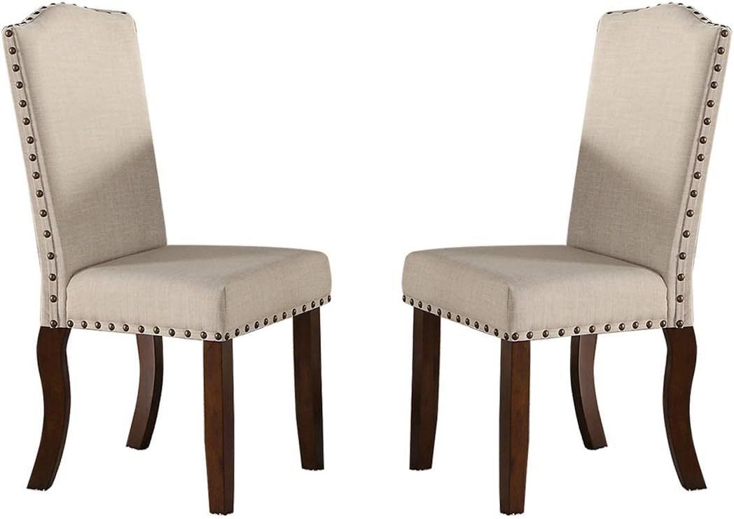 Classic Cream Upholstered Cushion Chairs Set of 2pc Dining Chair Nailheads Solid wood Legs Dining Room