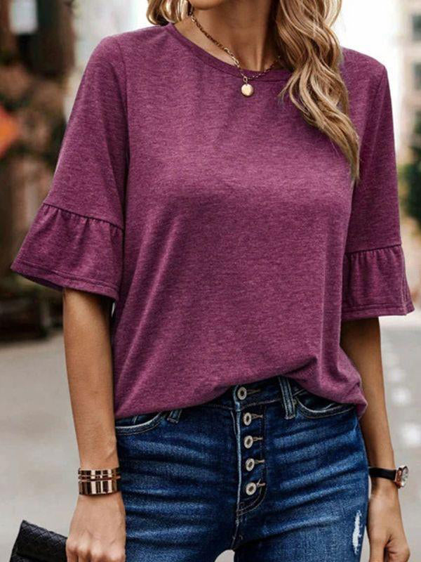 Ruffle Sleeves Asymmetric Buttoned Solid Color Split-Joint Round-Neck T-Shirts Tops by migunica