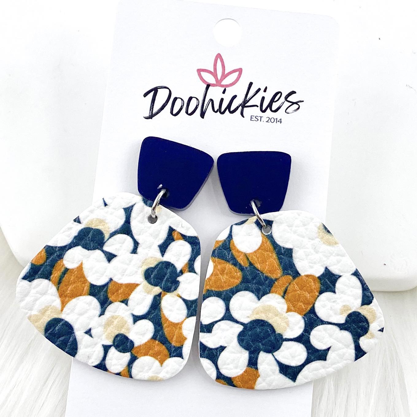 2" Navy & Fall Daisy Jasmine DangleS -Fall Leather Earrings by Doohickies Wholesale