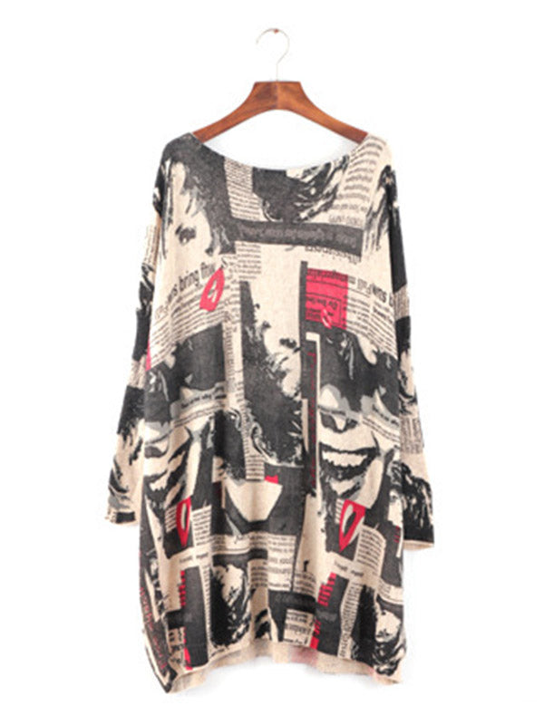 Urban Loose One-Shoulder Printed Split-Joint Sweater by migunica