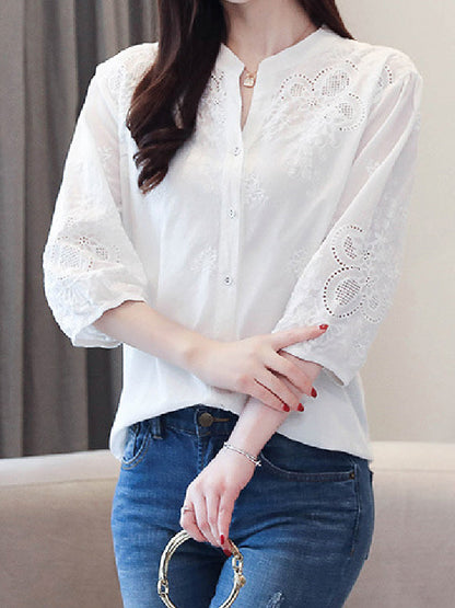 Vintage Half Sleeves Hollow Embroidered White Blouse by migunica