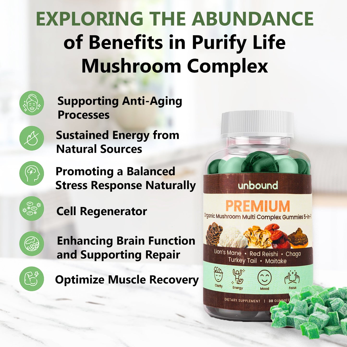 Premium Organic Mushroom Multi-Complex Gummies 5 in 1, Chaga, Lion's Mane, Reishi, Turkey Tail, Maitake by Live Unbound