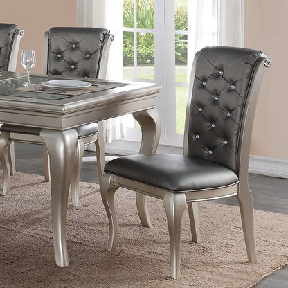 Luxury Antique Silver Wooden Set of 2 Dining Side Chairs Grey Faux Leather / PU Tufted Upholstered Cushion Chairs