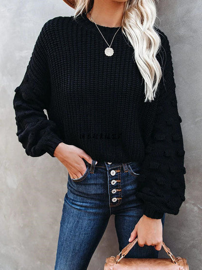 Trendy Tops Puff Sleeves Loose Solid Color Round-Neck Sweater Tops by migunica