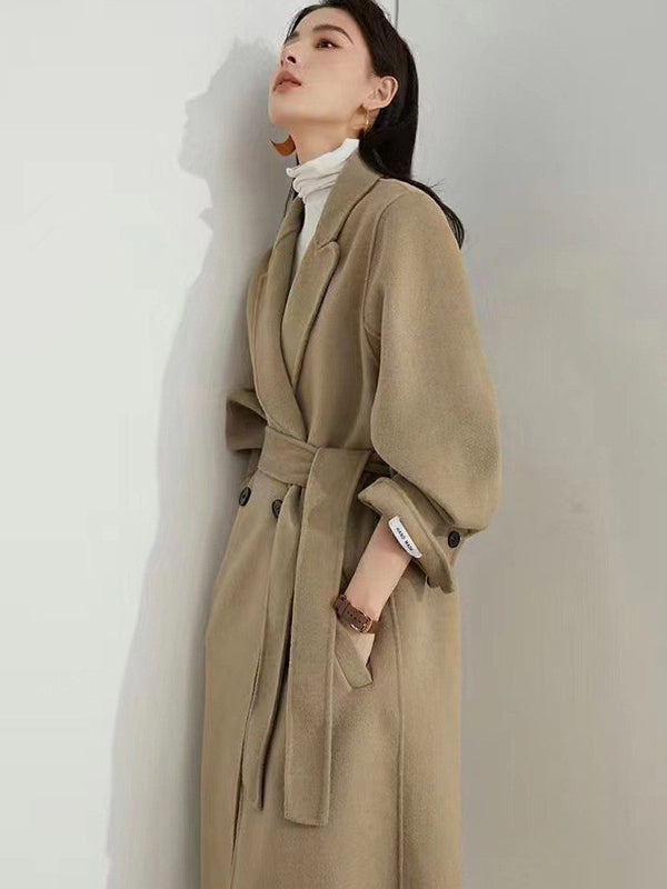 Office Belted Solid Color Notched Collar Wool Overcoat by migunica