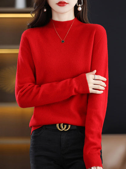 Office Long Sleeves Solid Color High-Neck Sweater Tops Pullovers by migunica