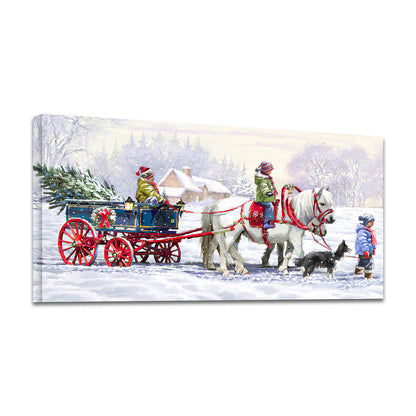 Framed Canvas Wall Art Decor Painting For Chrismas, Kids Riding White Horse Sledge Chrismas Gift Painting For Chrismas Gift, Decoration For Chrismas Eve Office Living Room, Bedroom Decor-Ready To Hang