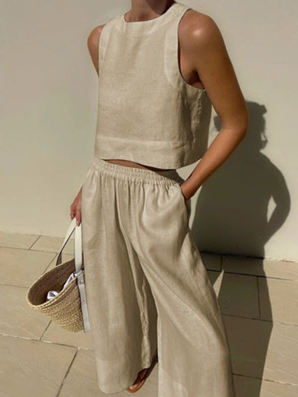 Solid Color Round-Neck Sleeveless Vest + Elasticity Wide Leg Pants Two Pieces Set by migunica