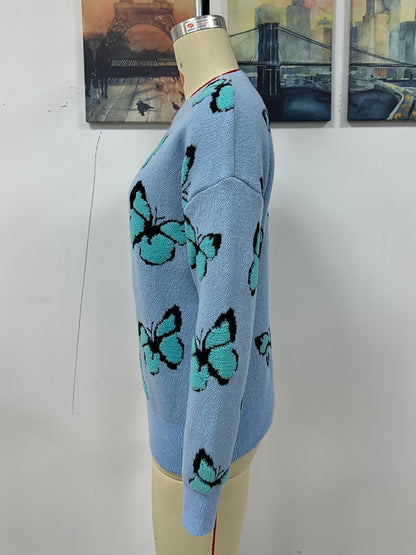 Original Long Sleeves Loose Butterfly Print Contrast Color Round-Neck Sweater Tops by migunica