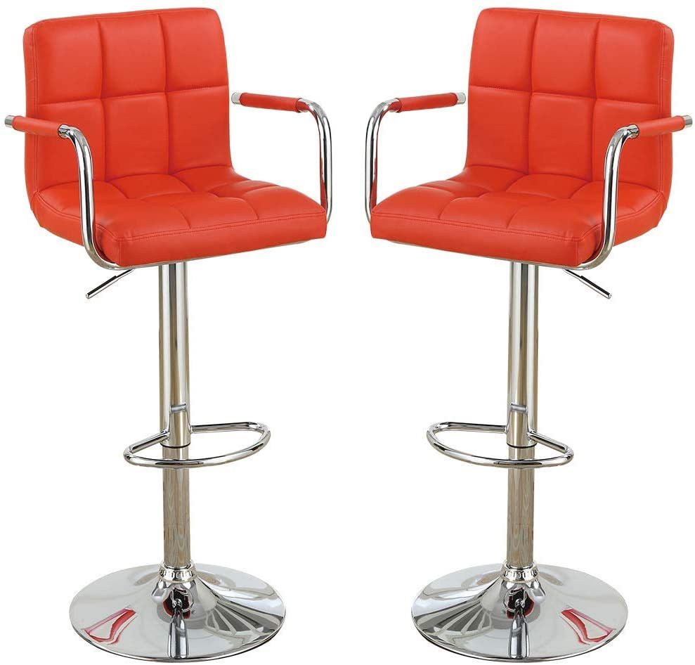 Contemporary Style Red Faux Leather Bar Stool Counter Height Chairs Set of 2 Adjustable Height Kitchen Island Stools