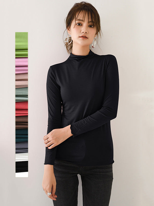 10 Colors Simple Solid Color Long Sleeves High-Neck T-Shirt Top by migunica