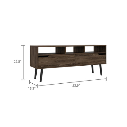 Tv Stand for TV´s up 52" Bull, Three Open Shelves, Two Flexible Drawers, Dark Walnut Finish