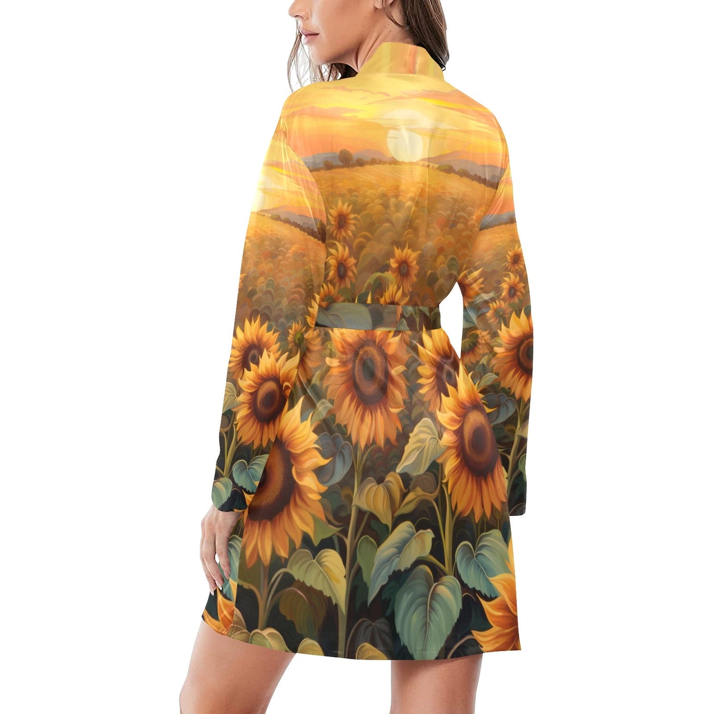 Sunflower Field Women's Long Sleeve Belted Satin Feel Dressing Lounge Robe by Baha Ranch Western Wear